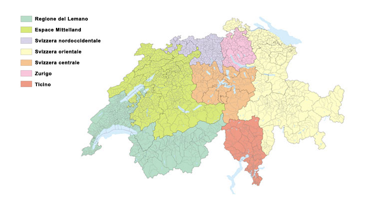 Carte des grandes régions de la Suisse
